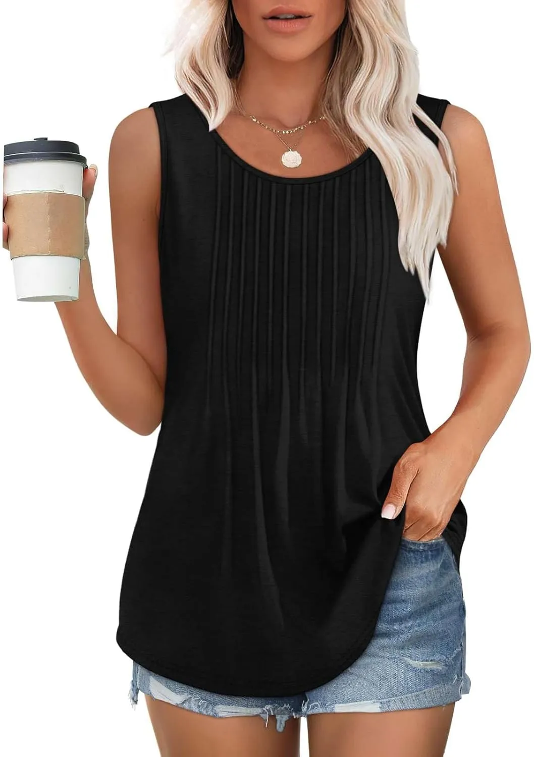 2025 Women's Summer Tank Tops Dressy Casual Sleeveless Holiday Shirts Loose Fit Pleated Front Plus Size Tunic Blouses