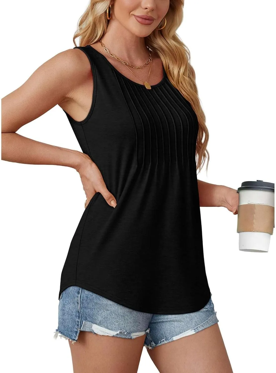 2025 Women's Summer Tank Tops Dressy Casual Sleeveless Holiday Shirts Loose Fit Pleated Front Plus Size Tunic Blouses