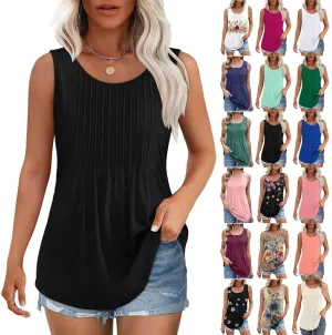 2025 Women's Summer Tank Tops Dressy Casual Sleeveless Holiday Shirts Loose Fit Pleated Front Plus Size Tunic Blouses