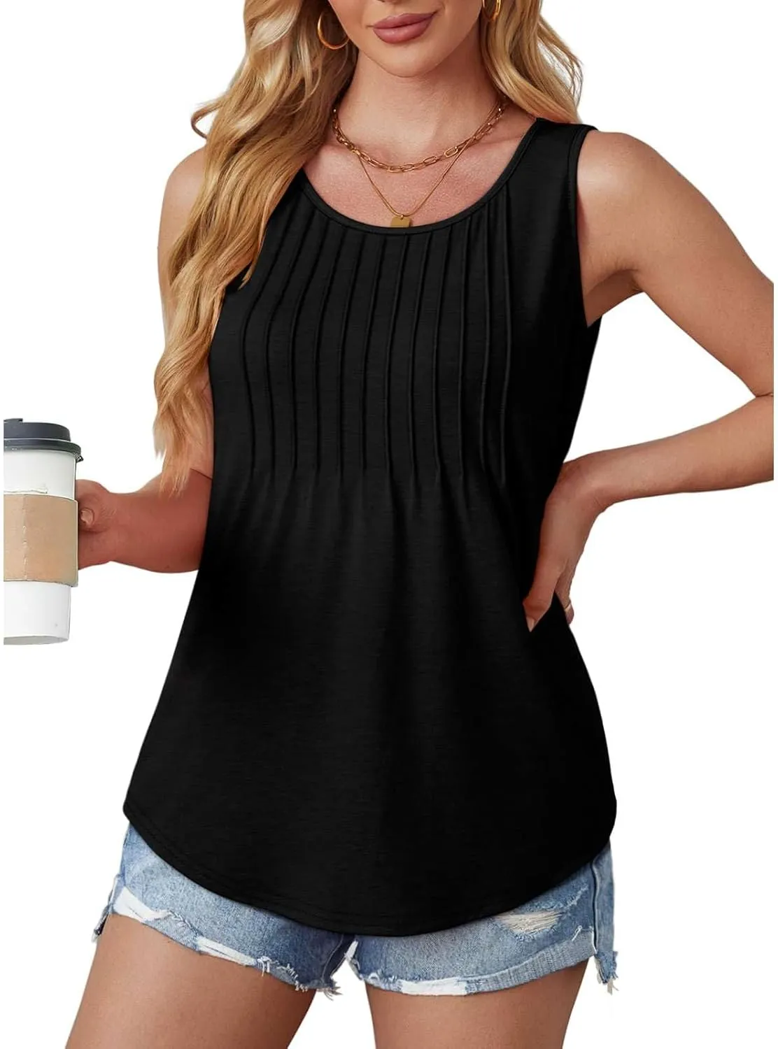 2025 Women's Summer Tank Tops Dressy Casual Sleeveless Holiday Shirts Loose Fit Pleated Front Plus Size Tunic Blouses