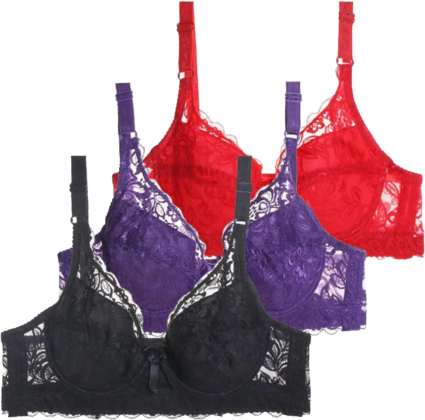 3-Pack Lace Underwire Push Up Bras for Women Full Coverage Adjustable Straps Anti-Sagging Breathable Lingerie Set Beige