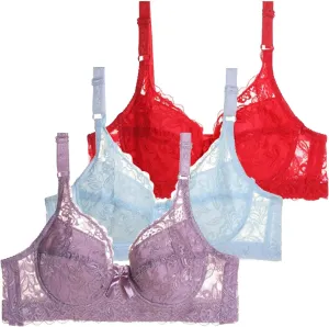 3-Pack Lace Underwire Push Up Bras for Women Full Coverage Adjustable Straps Anti-Sagging Breathable Lingerie Set Blue