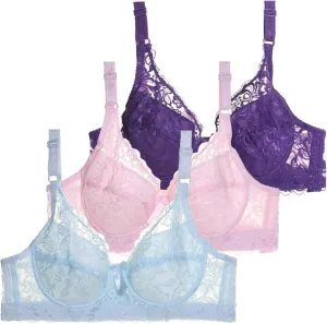 3-Pack Lace Underwire Push Up Bras for Women Full Coverage Adjustable Straps Anti-Sagging Breathable Lingerie Set Light Blue
