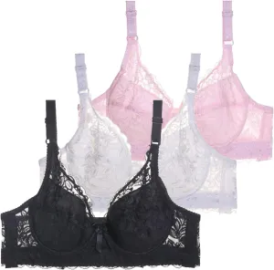 3-Pack Lace Underwire Push Up Bras for Women Full Coverage Adjustable Straps Anti-Sagging Breathable Lingerie Set Pink