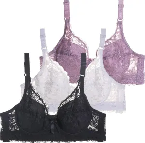 3-Pack Lace Underwire Push Up Bras for Women Full Coverage Adjustable Straps Anti-Sagging Breathable Lingerie Set White