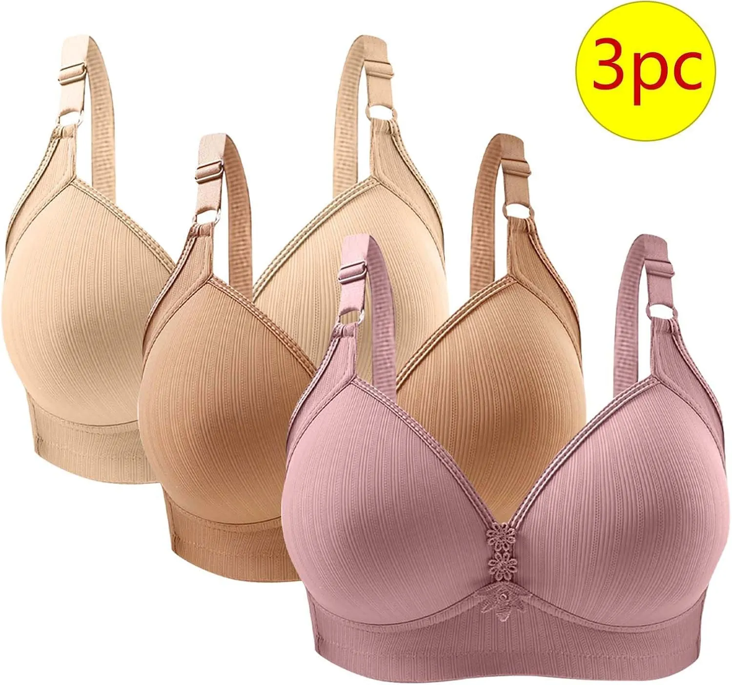 3 Pieces Bras for Women Breathable Solid Full Coverage Wireless T Shirt Bras Breathable Push Up Liftup Bralettes