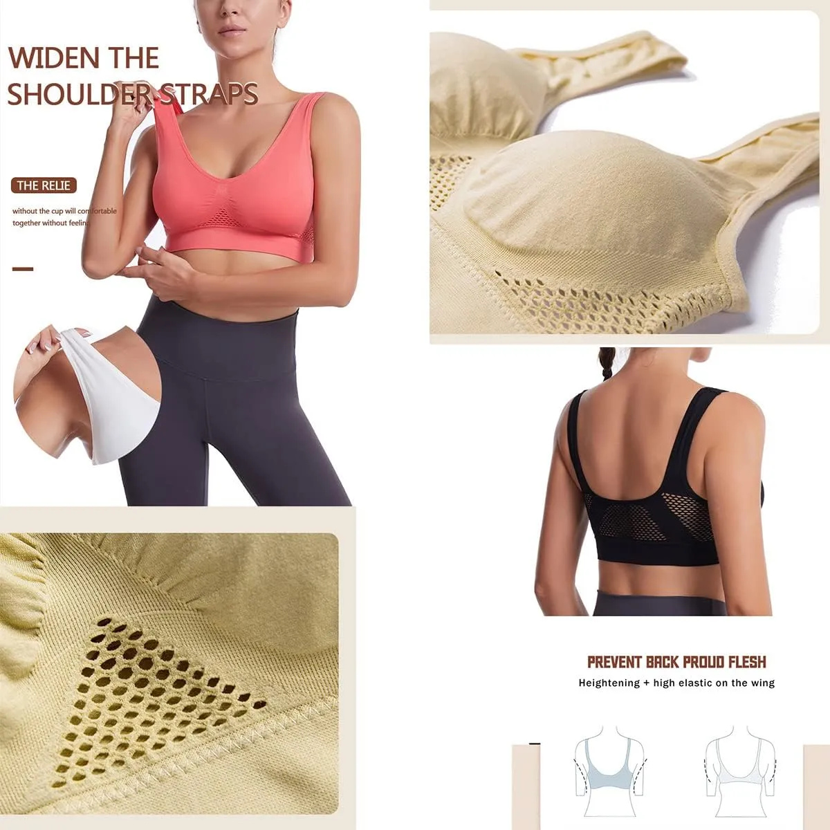 3pcs Breathable Cool Liftup Air Bra,Compression Wirefree High Support Bra,Seamless Wireless Cooling Comfort Breathable Bra