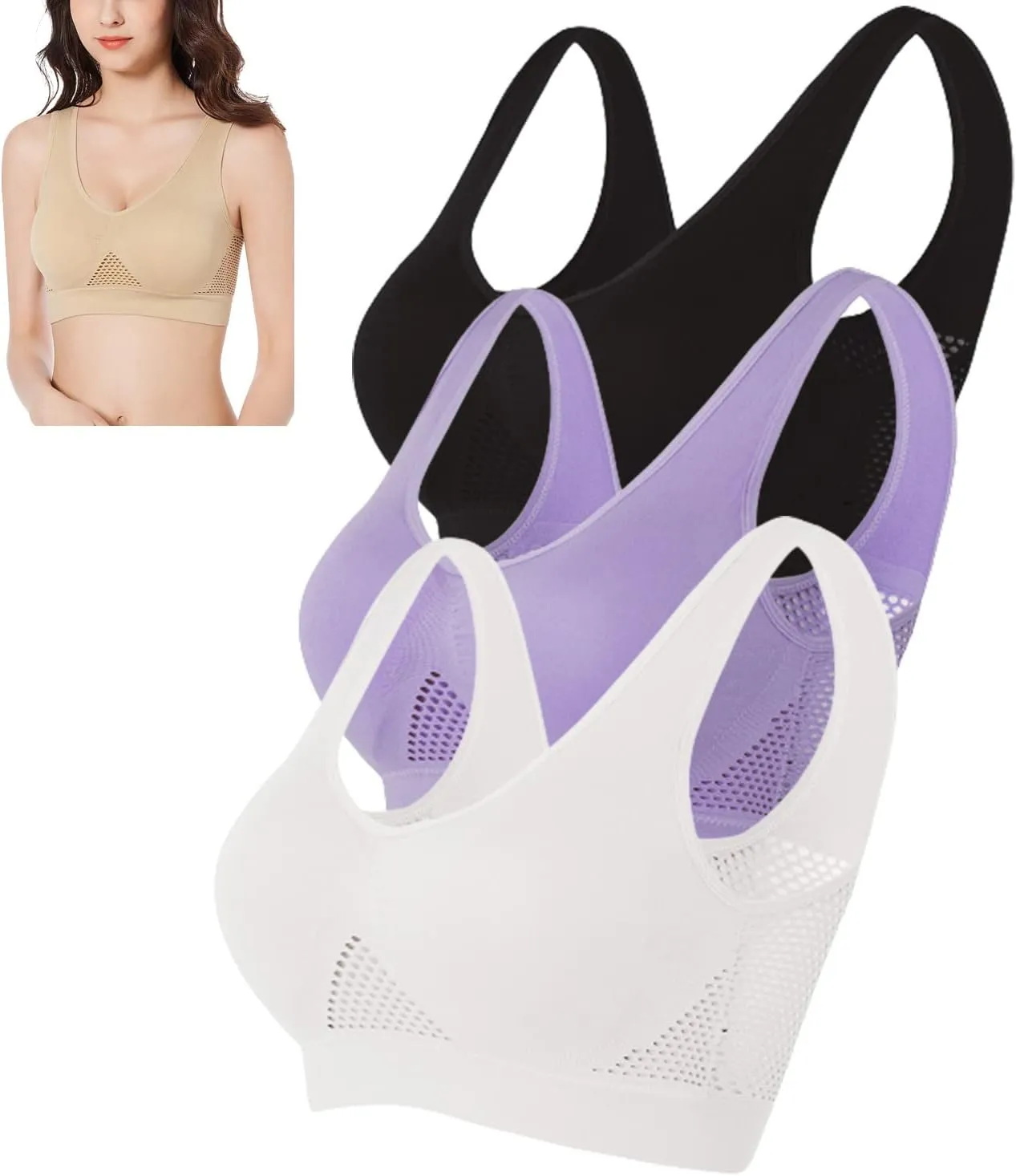 3pcs Breathable Cool Liftup Air Bra,Compression Wirefree High Support Bra,Seamless Wireless Cooling Comfort Breathable Bra