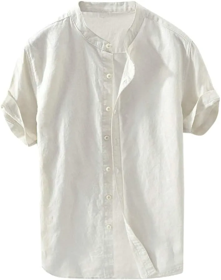 Banded Collar Shirts for Men, Cotton Linen Shirt, Casual Button Down Shirt, Summer Beach Yoga Shirts Cuban Shirt