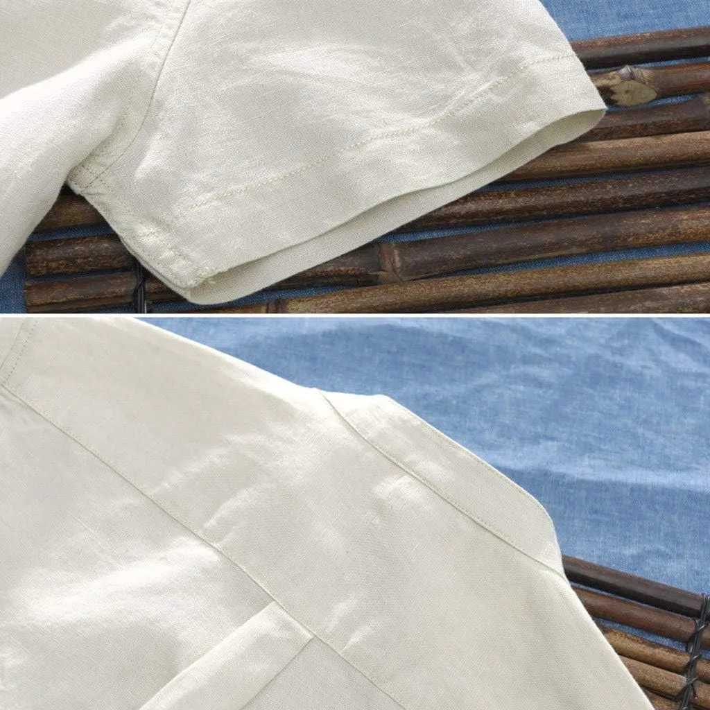 Banded Collar Shirts for Men, Cotton Linen Shirt, Casual Button Down Shirt, Summer Beach Yoga Shirts Cuban Shirt