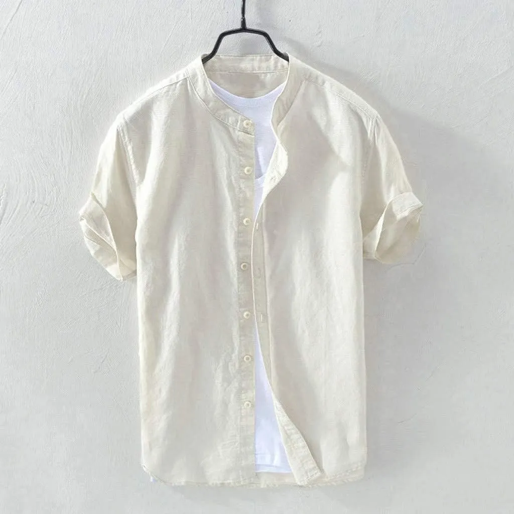 Banded Collar Shirts for Men, Cotton Linen Shirt, Casual Button Down Shirt, Summer Beach Yoga Shirts Cuban Shirt