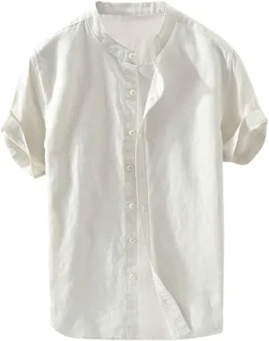 Banded Collar Shirts for Men, Cotton Linen Shirt, Casual Button Down Shirt, Summer Beach Yoga Shirts Cuban Shirt