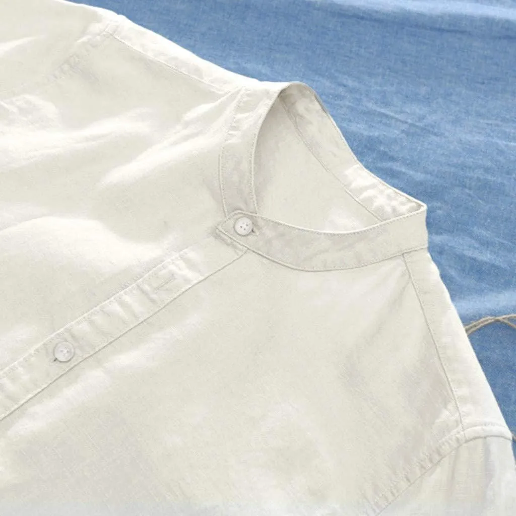 Banded Collar Shirts for Men, Cotton Linen Shirt, Casual Button Down Shirt, Summer Beach Yoga Shirts Cuban Shirt