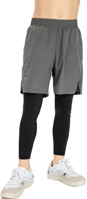Boy's Running Training 2 in 1 Compression Tights Pants Workout Shorts Compression Leggings for Kids Youth