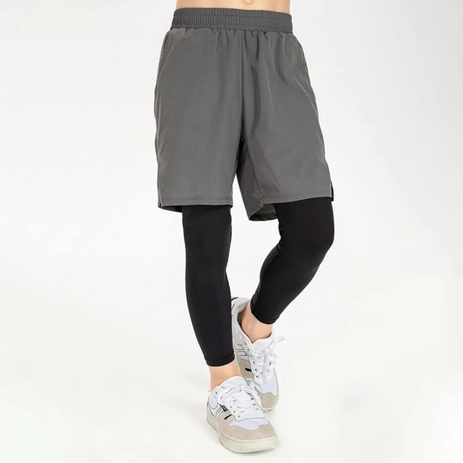 Boy's Running Training 2 in 1 Compression Tights Pants Workout Shorts Compression Leggings for Kids Youth