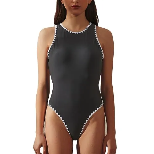 Brujula Women's One-Piece Backless Slimming Swimsuit High Neck Tummy Tuck 2024 Summer Sports Swimwear(S) Black