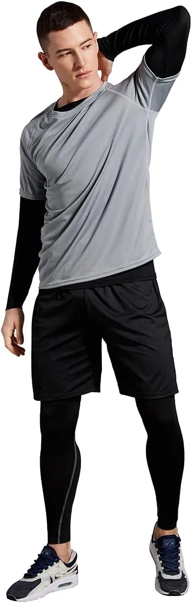 BUYJYA 5Pcs Men's Compression Pants Shirt Top Long Sleeve Jacket Athletic Sets Gym Clothing Mens Workout