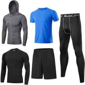 BUYJYA 5Pcs Men's Compression Pants Shirt Top Long Sleeve Jacket Athletic Sets Gym Clothing Mens Workout