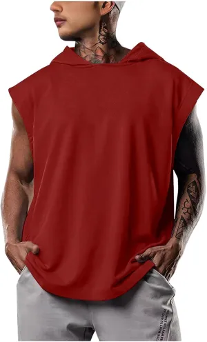 Casual Men Workout Tank Tops Cap Sleeve Hoody Shirts Muscle Fit Pullover Basic Shirt Running Active Solid Tees