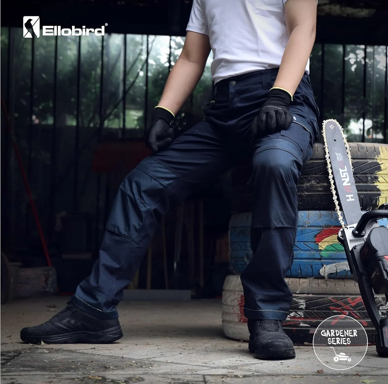 Ellobird Men's Cargo Construction Flex Work Pant for Men Double Knee Reinforcement Stretch Elastic Waistband Tactical Pants