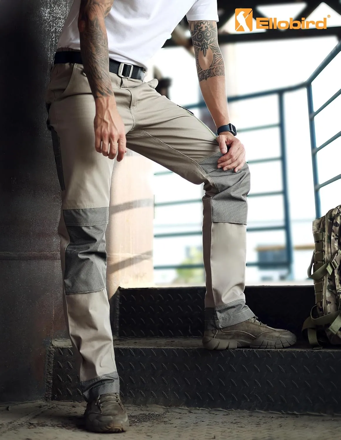 Ellobird Men's Cargo Construction Flex Work Pant for Men Double Knee Reinforcement Stretch Elastic Waistband Tactical Pants