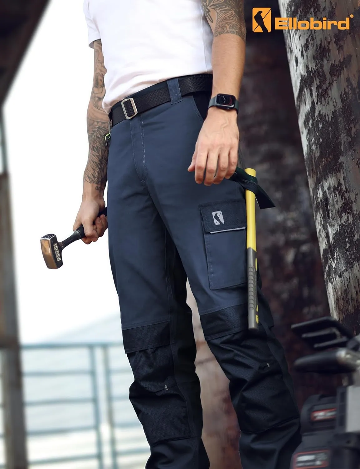 Ellobird Men's Cargo Construction Flex Work Pant for Men Double Knee Reinforcement Stretch Elastic Waistband Tactical Pants