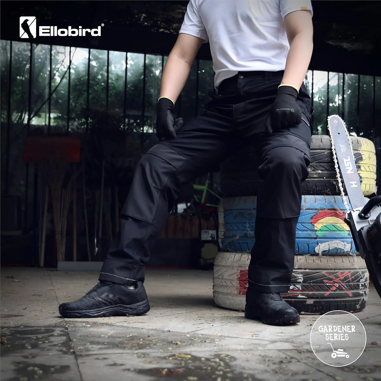 Ellobird Men's Cargo Construction Flex Work Pant for Men Double Knee Reinforcement Stretch Elastic Waistband Tactical Pants