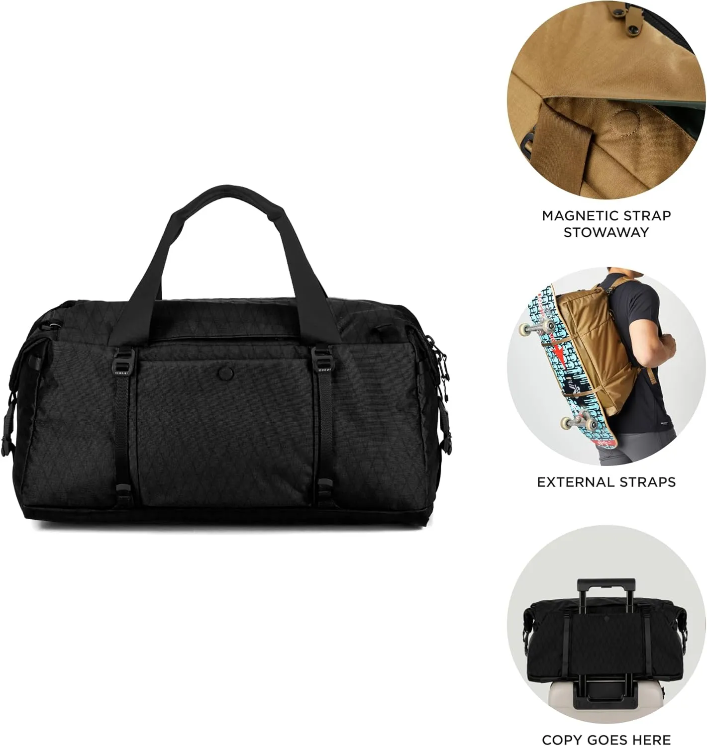 Errant Modular Duffel Bag Jet Black X-Pac  35L Weekender, Travel Duffel Backpack, Waterproof, Ventilated Wet/Dry Compartment