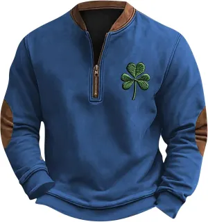 Fashion St Patricks Day Sweatshirts For Mens Vintage Print Long Sleeve Causal V-Neck Zip Up Fashion Irish Pullover Shirts