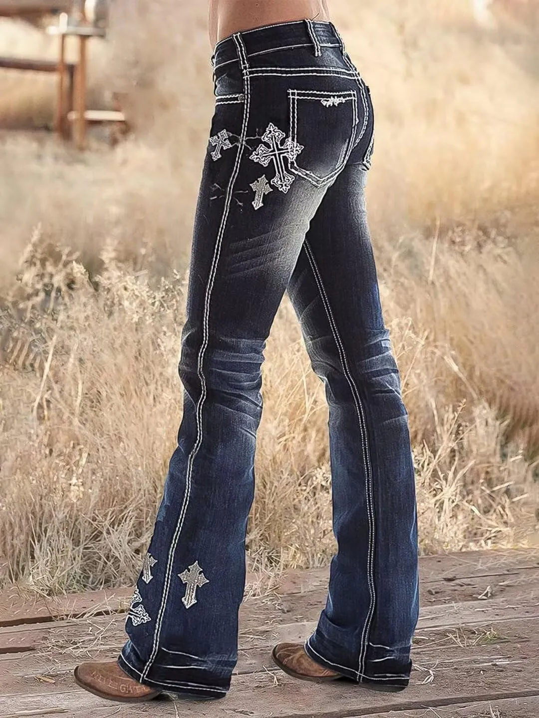 Flamingals Women's Floral Embroidery Mid Waist High Stretch Bootcut Jeans with Pockets