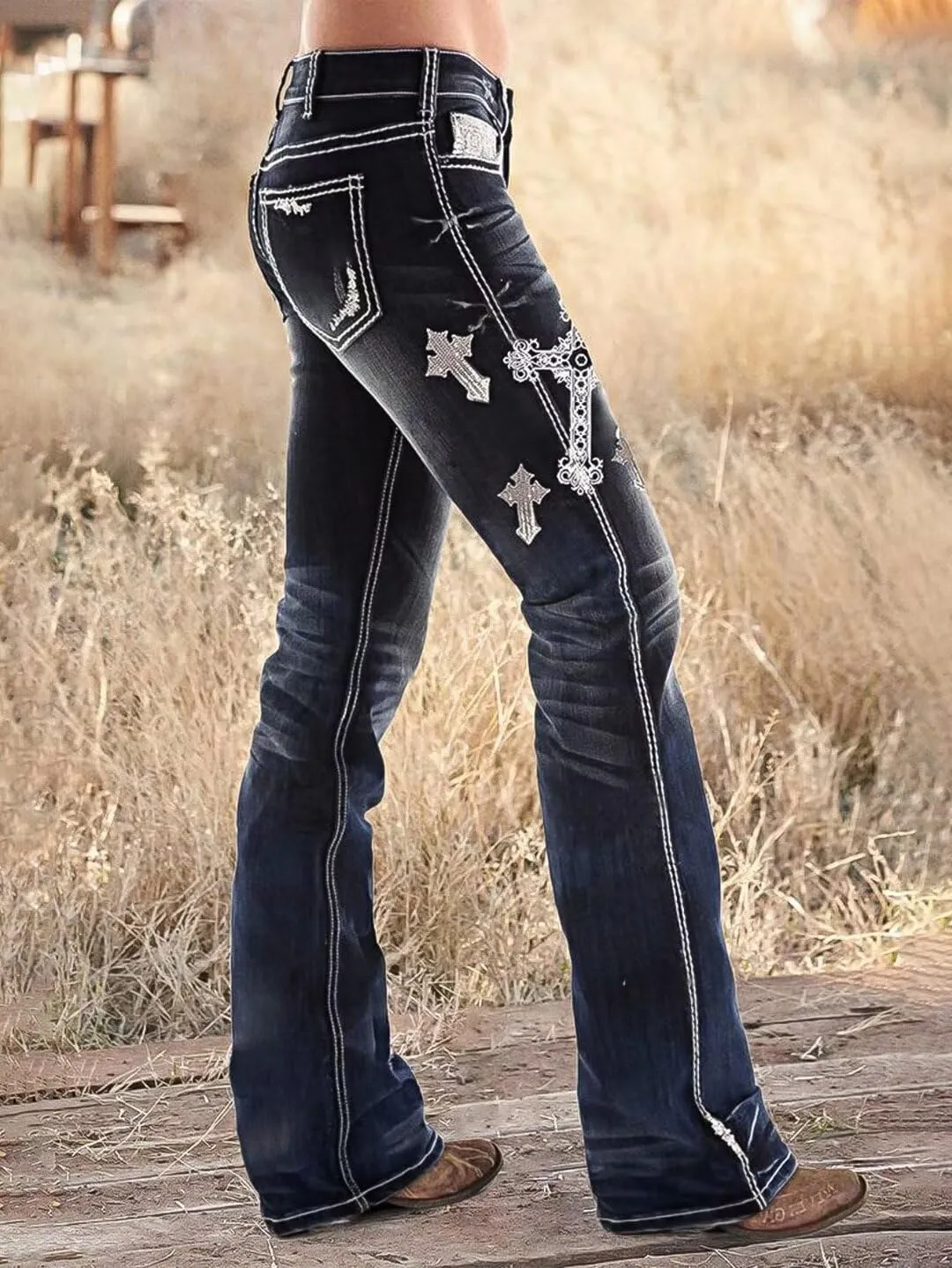 Flamingals Women's Floral Embroidery Mid Waist High Stretch Bootcut Jeans with Pockets