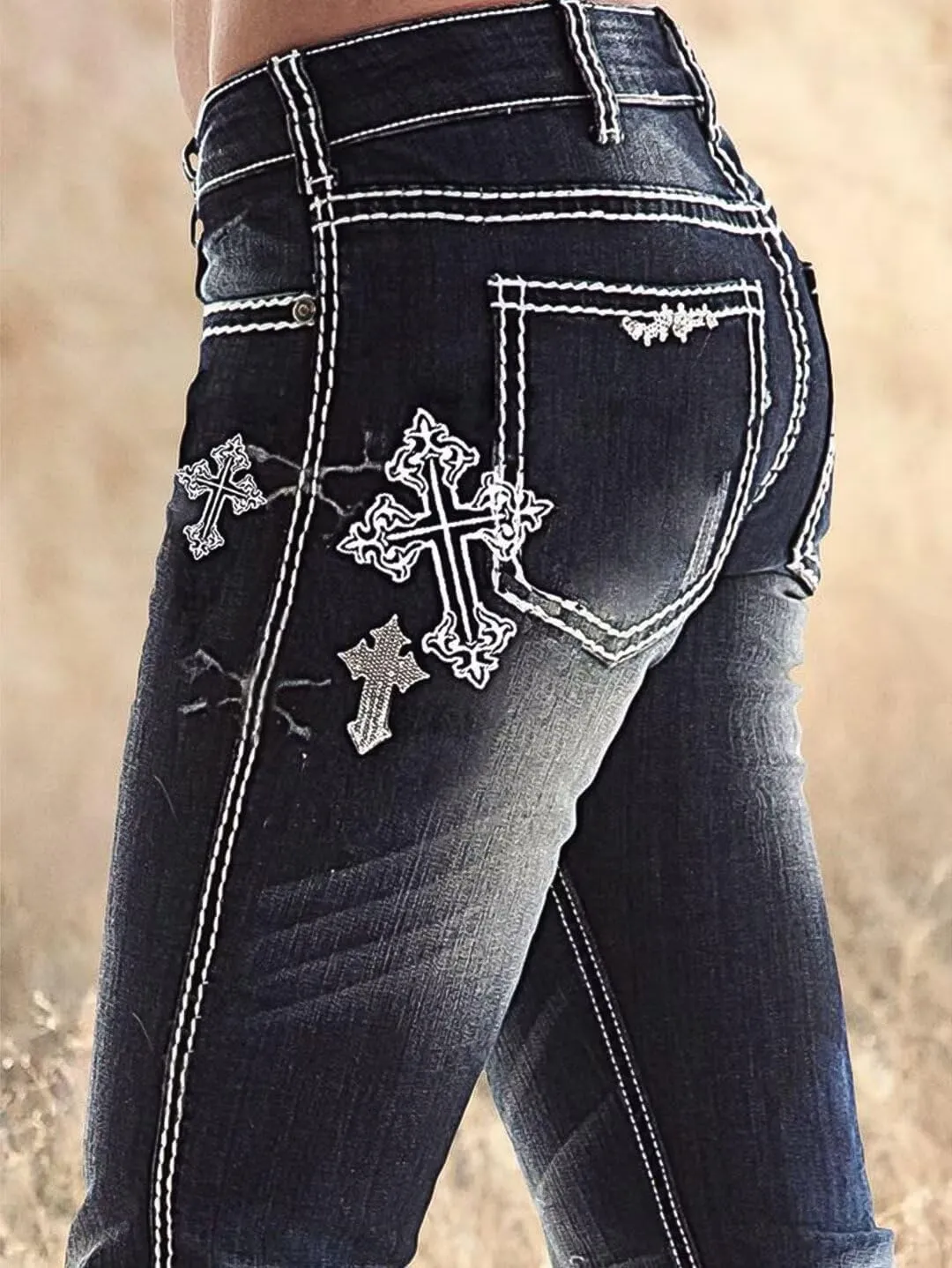 Flamingals Women's Floral Embroidery Mid Waist High Stretch Bootcut Jeans with Pockets