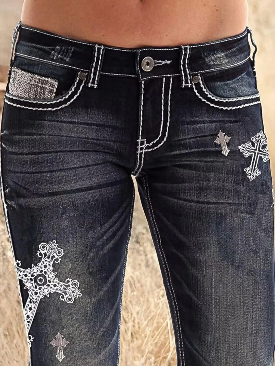 Flamingals Women's Floral Embroidery Mid Waist High Stretch Bootcut Jeans with Pockets