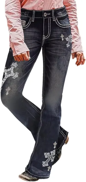 Flamingals Women's Floral Embroidery Mid Waist High Stretch Bootcut Jeans with Pockets