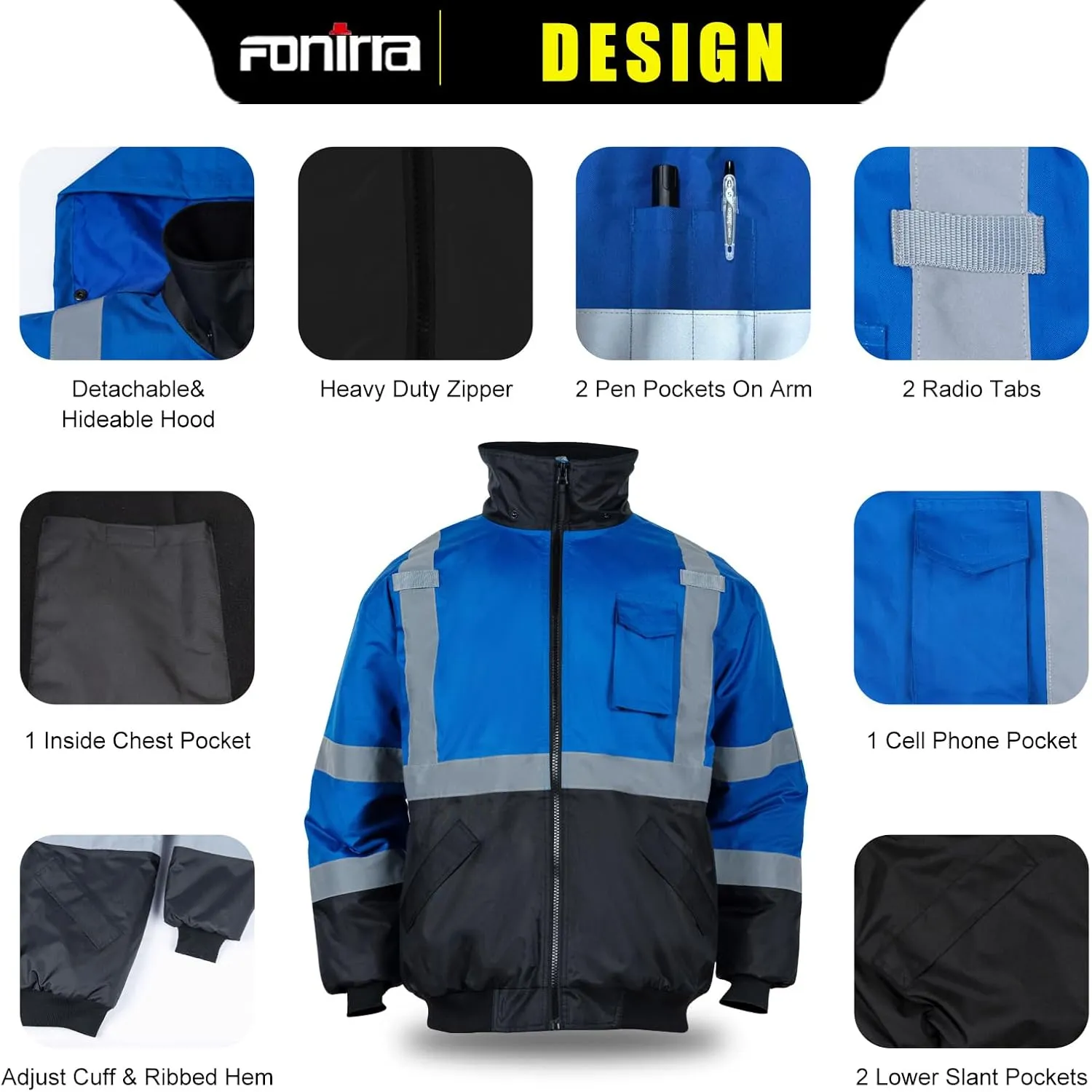 FONIRRA High Visibility Safety Bomber Jackets with Fleece Liner,ANSI Class 2 Reflective Waterproof Jacket for Men