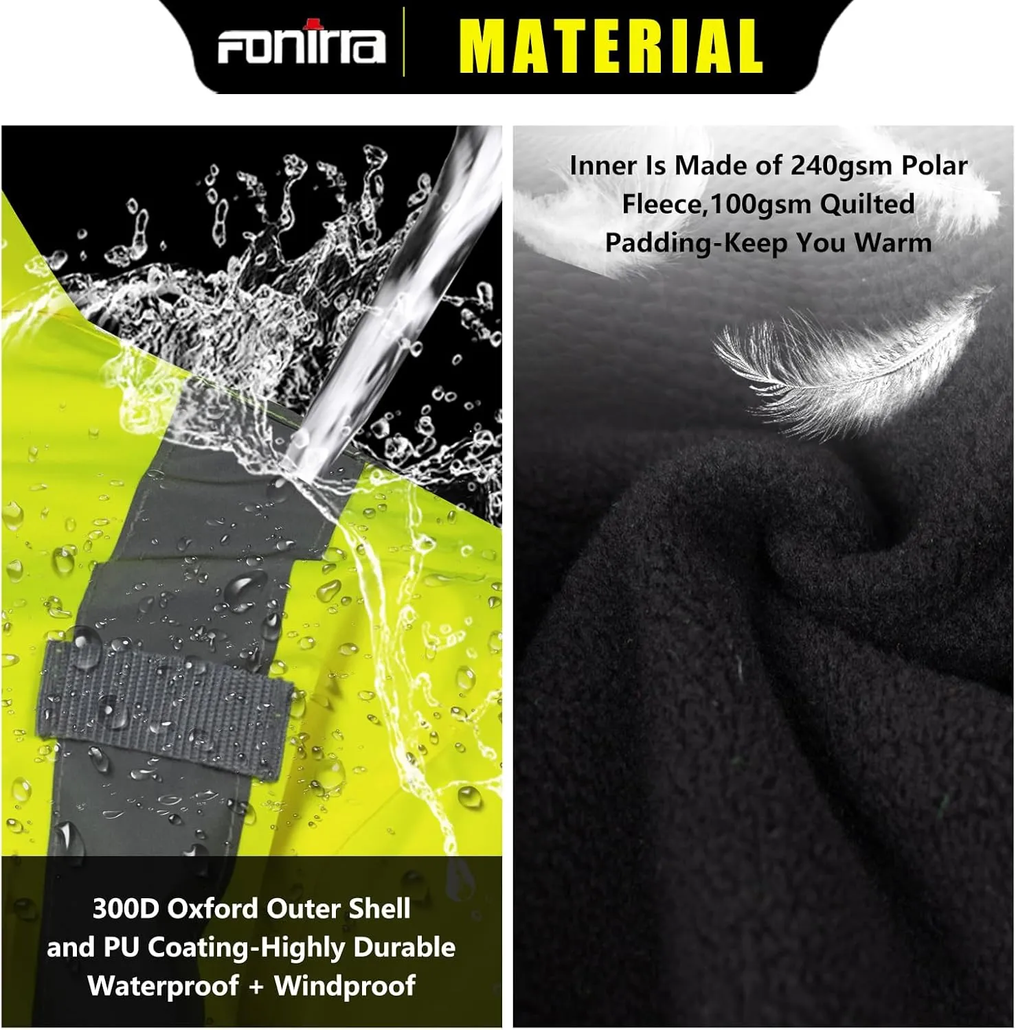 FONIRRA High Visibility Safety Bomber Jackets with Fleece Liner,ANSI Class 2 Reflective Waterproof Jacket for Men