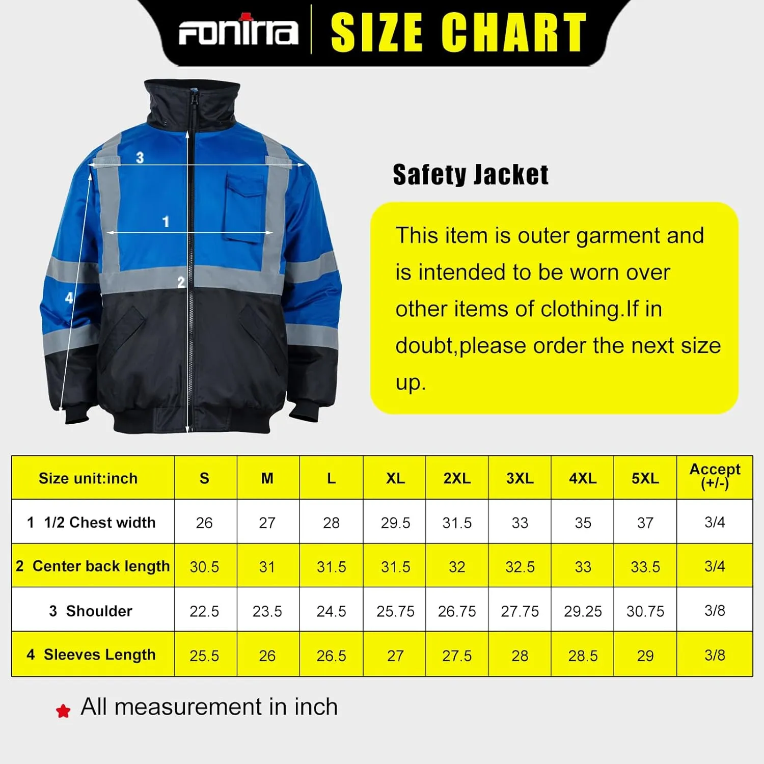 FONIRRA High Visibility Safety Bomber Jackets with Fleece Liner,ANSI Class 2 Reflective Waterproof Jacket for Men