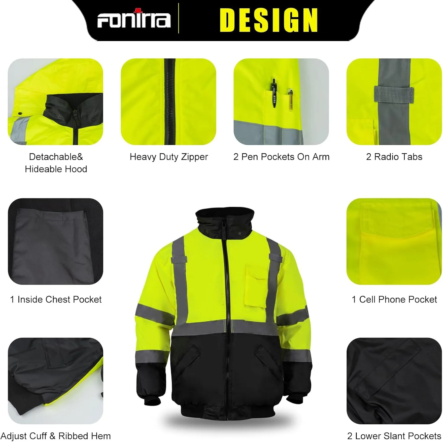 FONIRRA High Visibility Safety Bomber Jackets with Fleece Liner,ANSI Class 2 Reflective Waterproof Jacket for Men