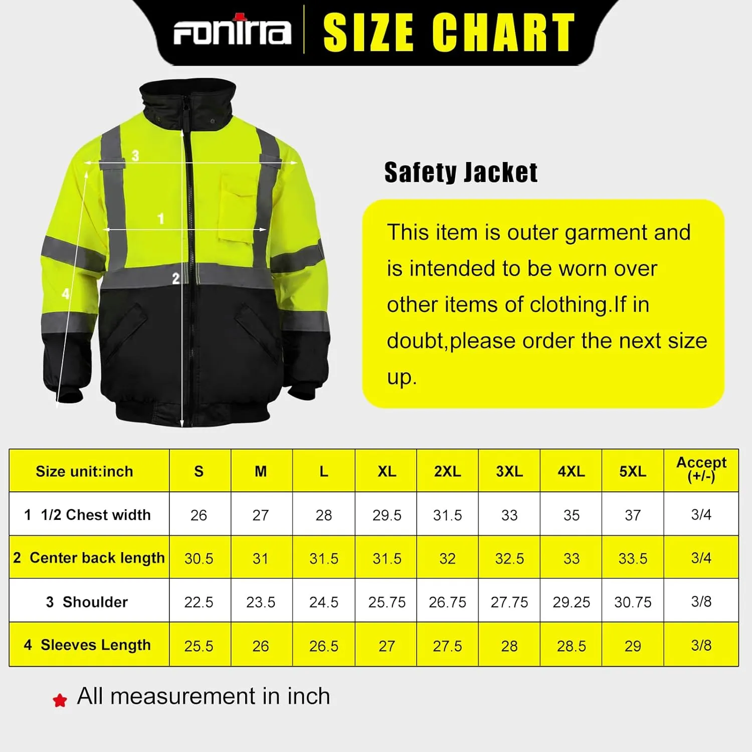 FONIRRA High Visibility Safety Bomber Jackets with Fleece Liner,ANSI Class 2 Reflective Waterproof Jacket for Men