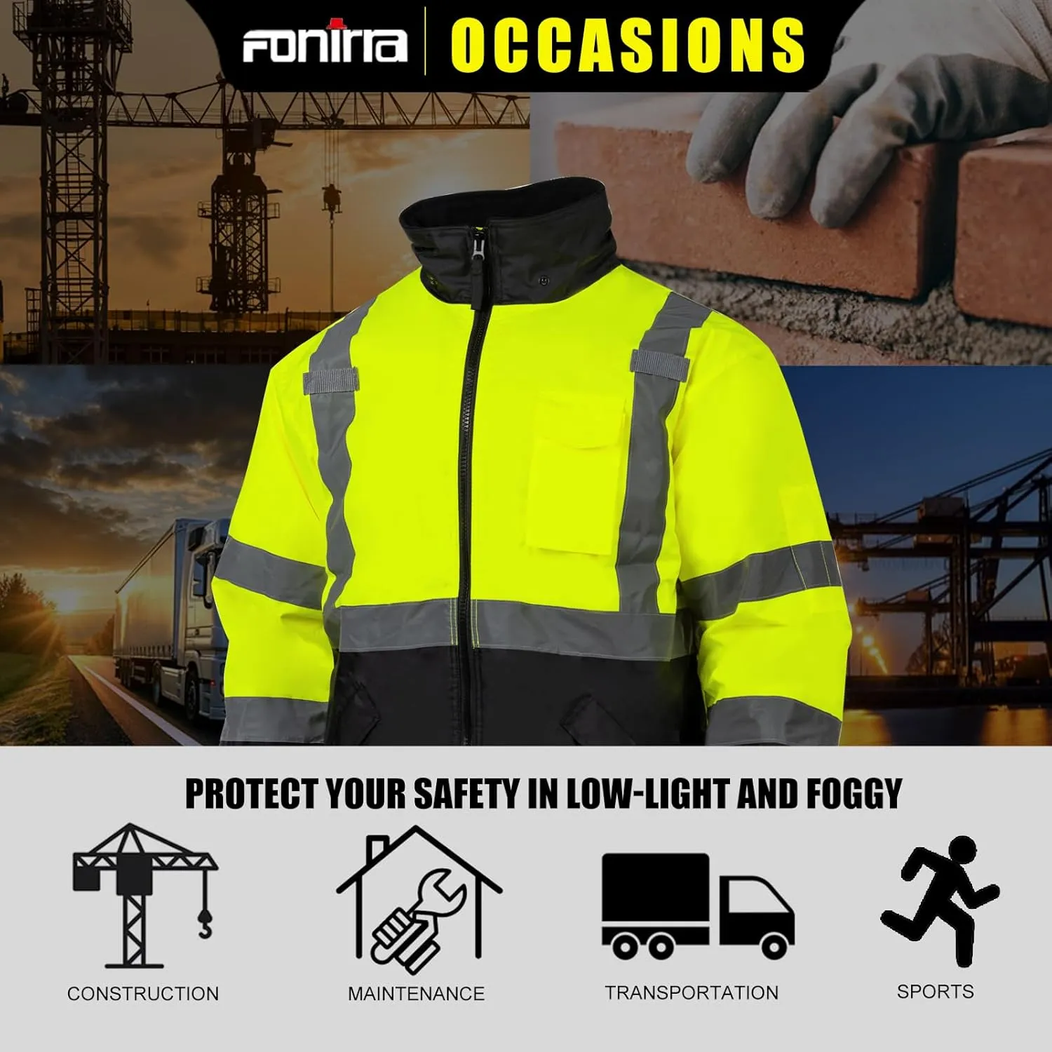 FONIRRA High Visibility Safety Bomber Jackets with Fleece Liner,ANSI Class 2 Reflective Waterproof Jacket for Men