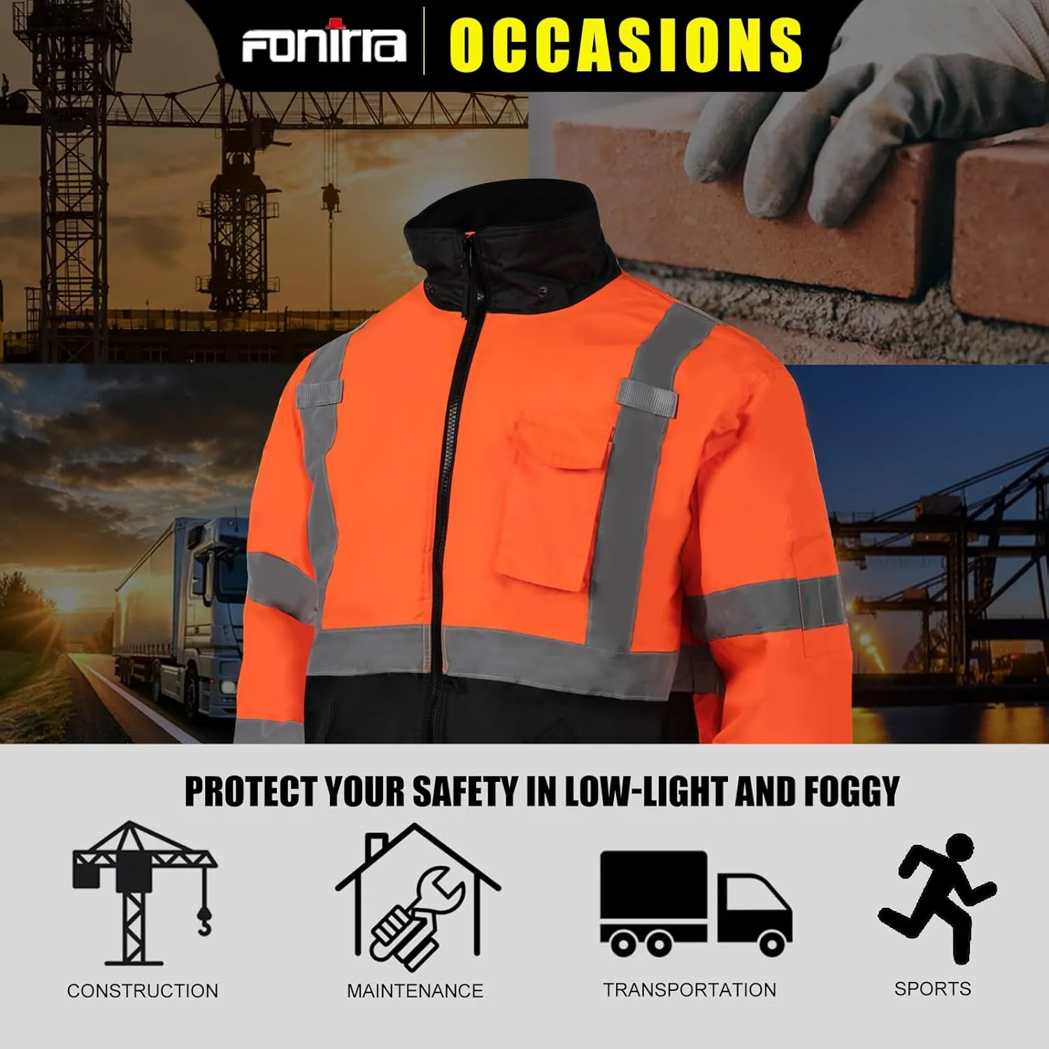 FONIRRA High Visibility Safety Bomber Jackets with Fleece Liner,ANSI Class 2 Reflective Waterproof Jacket for Men