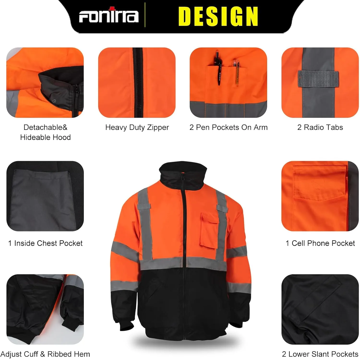 FONIRRA High Visibility Safety Bomber Jackets with Fleece Liner,ANSI Class 2 Reflective Waterproof Jacket for Men
