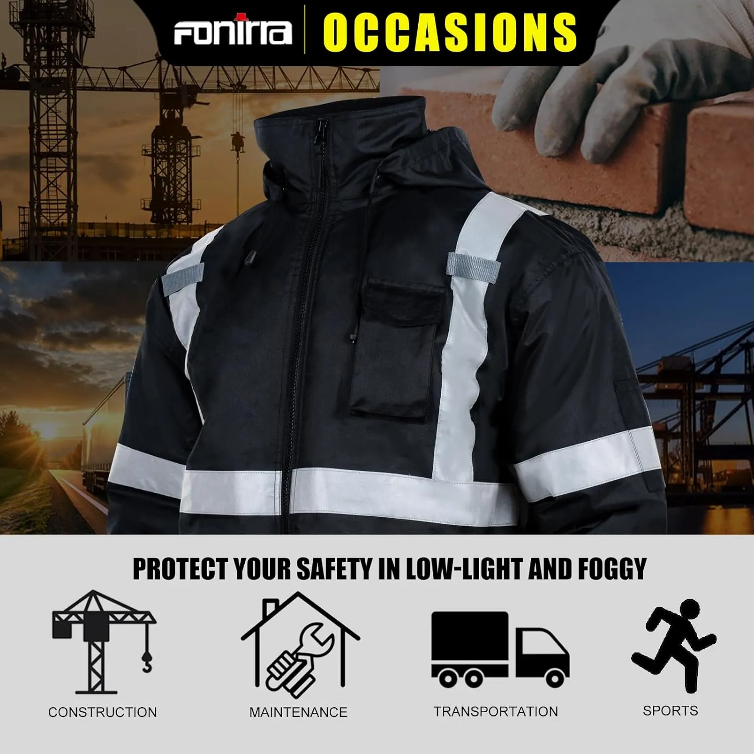 FONIRRA High Visibility Safety Bomber Jackets with Fleece Liner,ANSI Class 2 Reflective Waterproof Jacket for Men