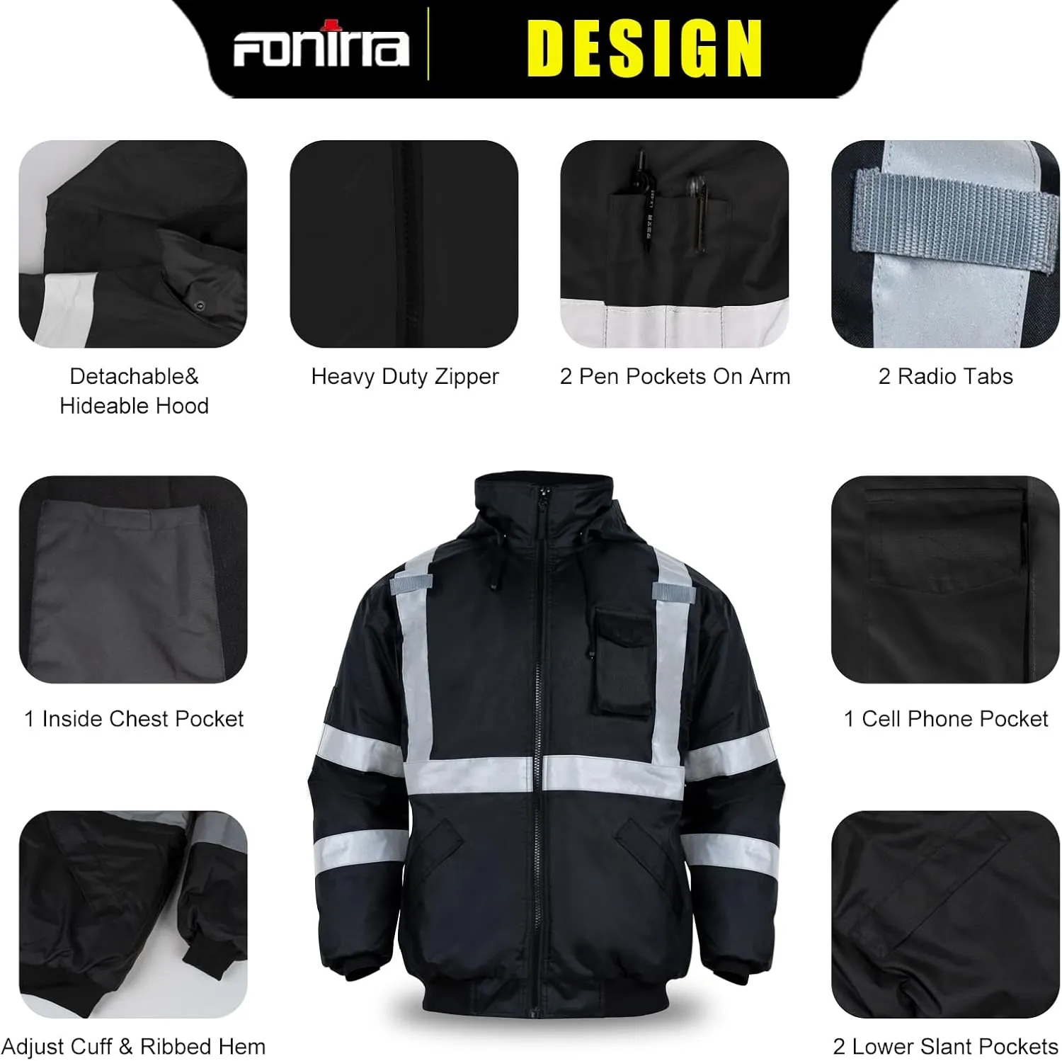 FONIRRA High Visibility Safety Bomber Jackets with Fleece Liner,ANSI Class 2 Reflective Waterproof Jacket for Men