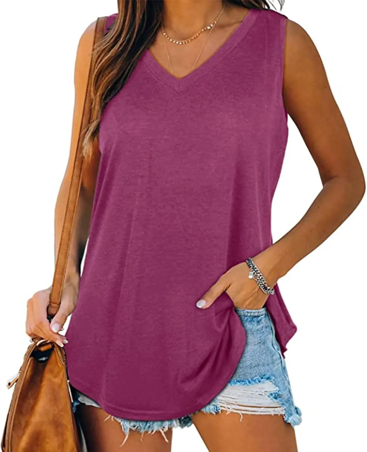 Generic Tank Tops for Women 2024 Summer V Neck Sleeveless Basic Tanks Loose Fit Flowy Shirts Casual Vacation Beach Blouses