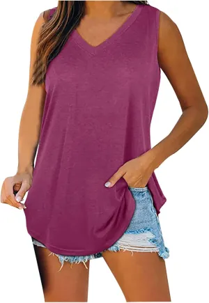 Generic Tank Tops for Women 2024 Summer V Neck Sleeveless Basic Tanks Loose Fit Flowy Shirts Casual Vacation Beach Blouses