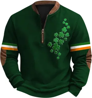 Half Zip St Patricks Day Sweatshirts For Mens Vintage Print Long Sleeve Causal V-Neck Pullover Fashion Irish Shirts
