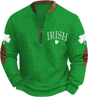Half Zip St Patricks Day Sweatshirts For Mens Vintage Print Long Sleeve Causal V-Neck Pullover Fashion Irish Shirts