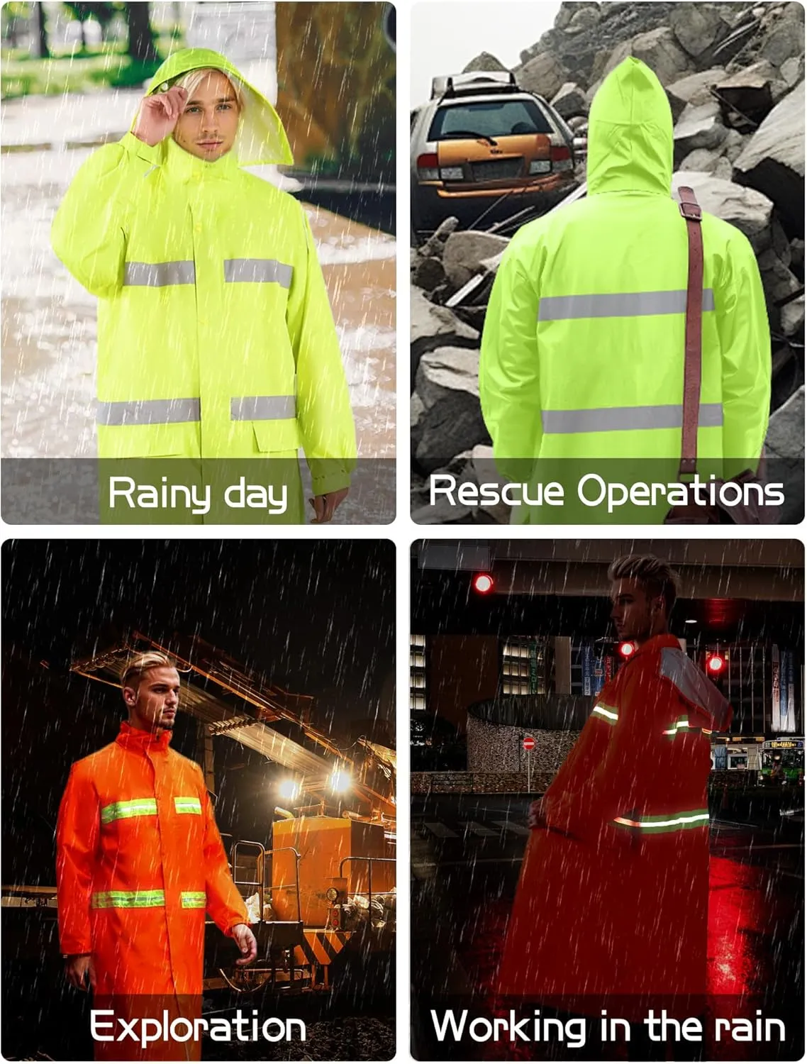 High Visibility Safety Waterproof Long Rain Jacket Reflective Raining Heavy Duty Coat