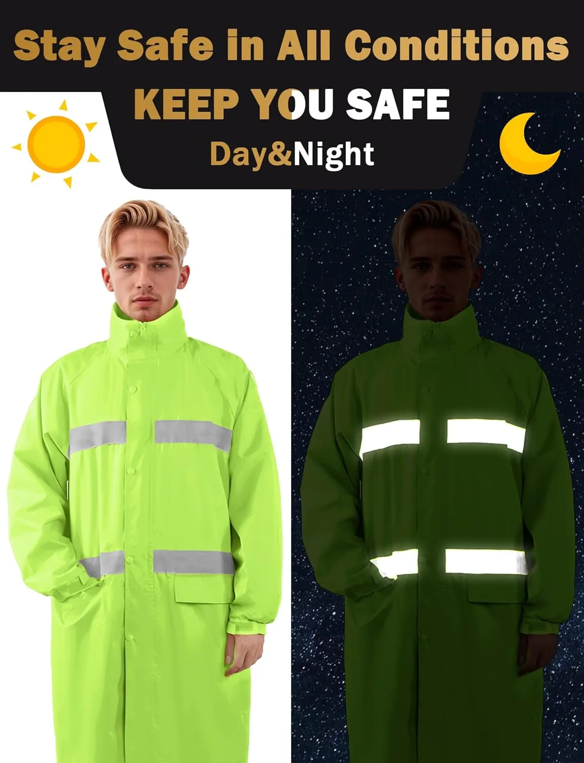 High Visibility Safety Waterproof Long Rain Jacket Reflective Raining Heavy Duty Coat